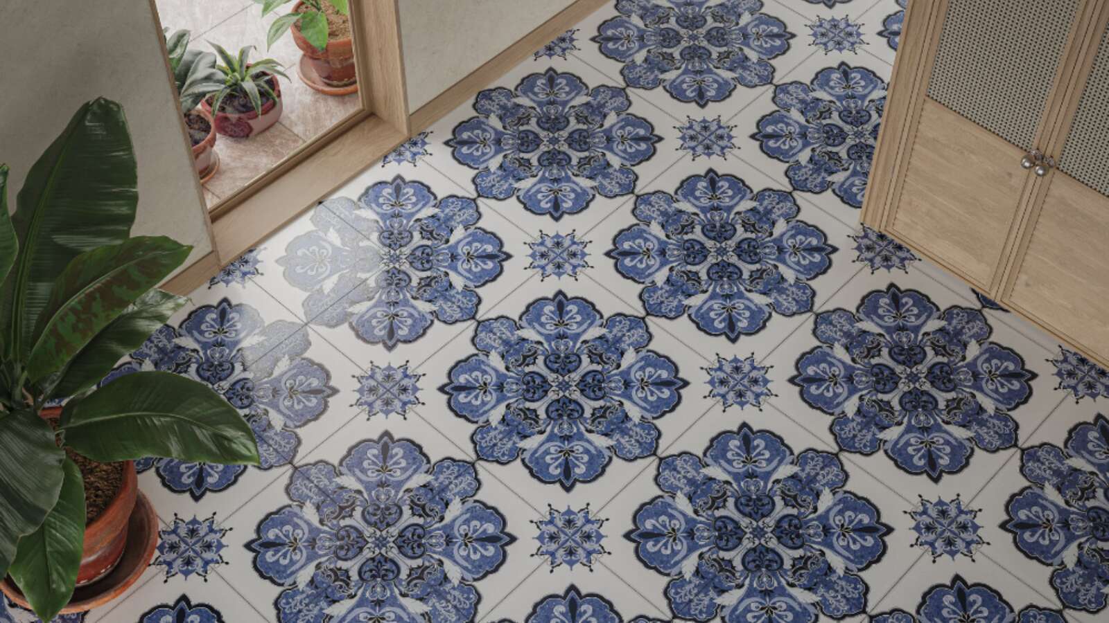 Piso decorativo azul instalado